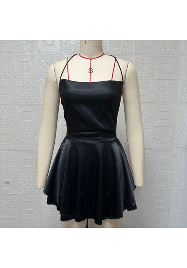 Yaz Kadın Elbise Kısa Seksi İnce İnce Sırtı Açık Düz Renk Askılı Elbiseler Koyu Kahverengi