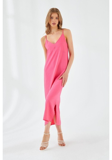 4252 Kadın İp Askılı V Yaka Elbise Fuşya Fuşya