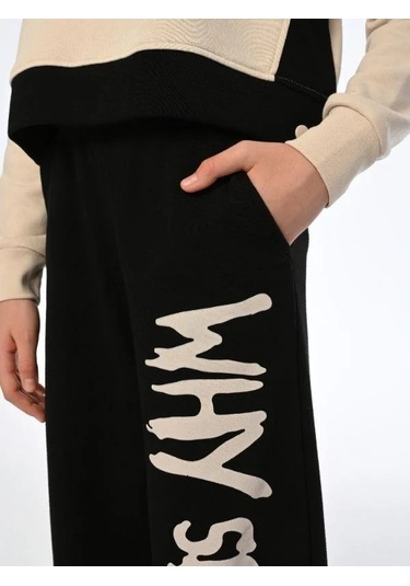 Kız Çocuk Why Yazılı Yanlardan Çıt Çıtlı Bol Paça Eşofman Takım-13538 Siyah