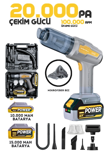 Enshall 20.000PA Çantalı Yedek Filtreli Çift Bataryalı 120 W Şarjlı Araç İçi Süpürge