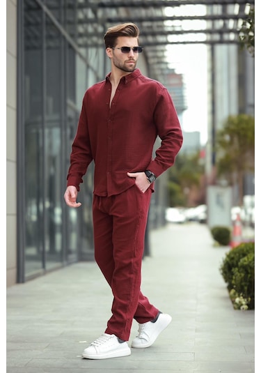 Madmext Bordo Gömlek Pantolon Erkek İkili Takım E7322 Bordo