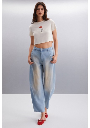 IRMA 100% Pamuk Kadın Crop Vanilya T-Shirt