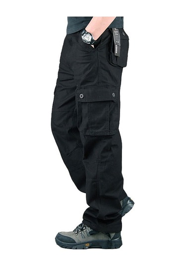 Aşınmaya Dayanıklı Çok Cepli Düz Bol Büyük Beden İş Pantolonu Siyah