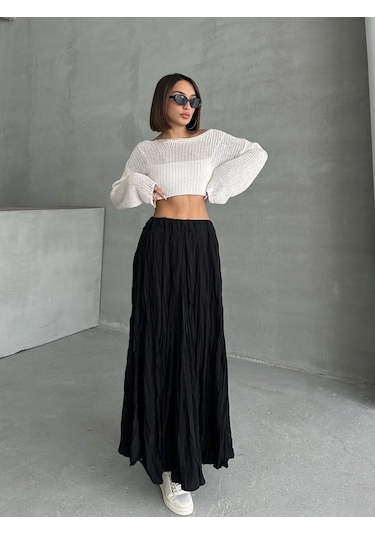 Kadın Buruşuk Modal Dokulu Soft Uzun Etek Siyah