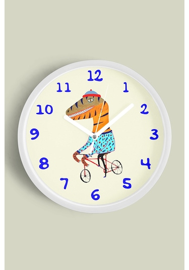 Bisiklet Süren Dinozor Çocuk Odası Duvar Saati - 25cm - Önü Camlı Beyaz Kasa - Sessiz Mekanizma-jh1176 Beyaz