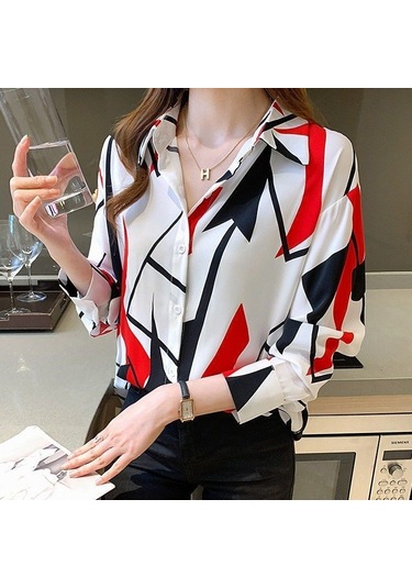 Kadın Uzun Kollu Şifon Gömlek Moda Kore Fit Geometrik Baskı Üst Büyük Gömlek Kırmızı