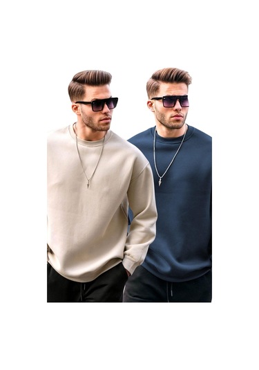 Madmext Bej/lacivert Bisiklet Yaka Oversize Şardonlu Basic Erkek 2'li Paket Sweatshirt E7447 Bej/lacivert