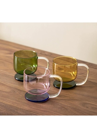 Qerhome Borosilikat Cam Renkli Cam Kahve Cappuccino Kupası 350 Ml Şeffaf