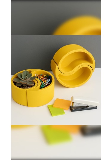 El Yapımı Yin Yang Şeklinde Dekoratif Saklama Kabı / Saksı 2 Li Set - Sarı