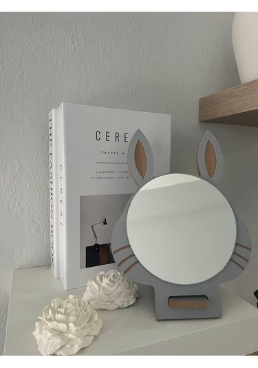 Masaüstü Gri Renk Hediyelik Dekoratif Makyaj Aynasi,Tavşan Kulakl Beyaz