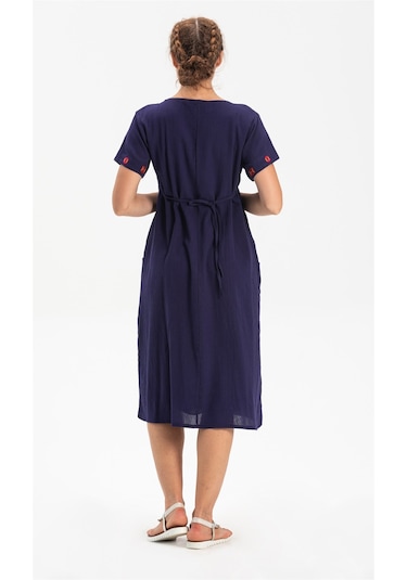 Kısa Kol Şile Bezi Melek Midi Boy Elbise Lacivert Lcvt