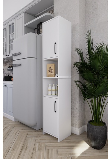 Fella 6 Raflı Çok Amaçlı Dekoratif Mutfak Dolabı Beyaz Beyaz