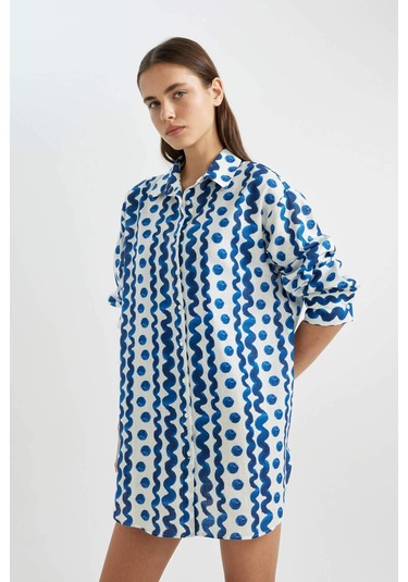 DeFacto Desenli Poplin Plaj Gömleği-Fall in Love Z4856AZ24SMNV30 Lacivert