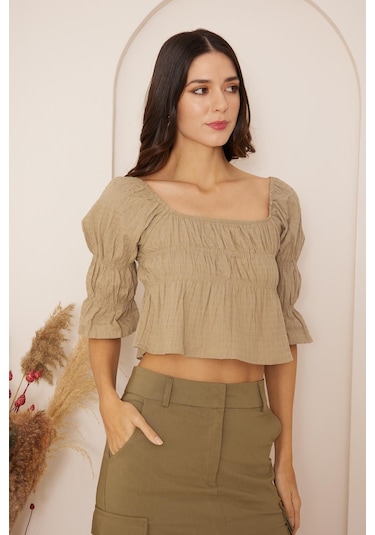 Darlin Moda Haki Büzgülü Crop Bluz Dm7001