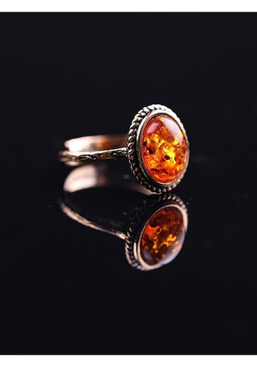 Doğal Taşlı Kehribar Ayarlanabilir Yüzük Orta Boy