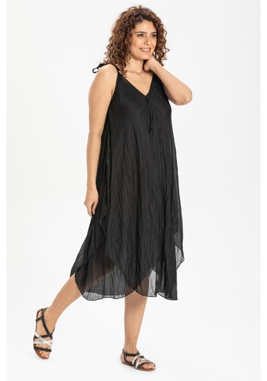 Askılı Vual Afrodit Midi Boy Elbise Siyah 6051 - Kadın Siyah