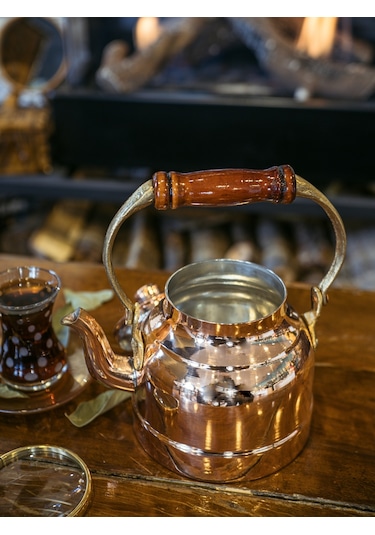 Bakır Demlik Modern Model Ahşamp Kulp Bakır Renk Oksitli Bakır