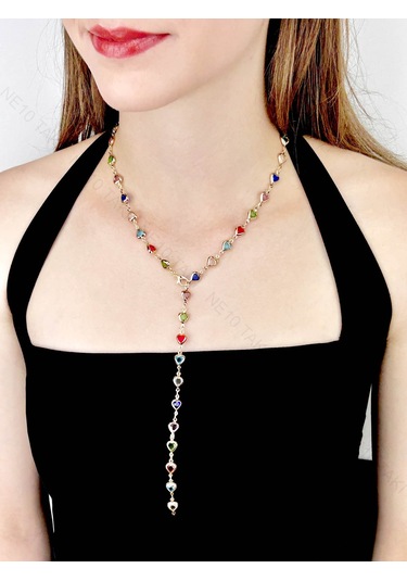 Y Kolye, Taşlı, Çok Renkli, Kalpli, Kolye 432, Kasa Altın Renk altın