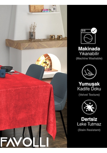 Kadife Dokulu Kırmızı Renk Masa Örtüsü Kırmızı