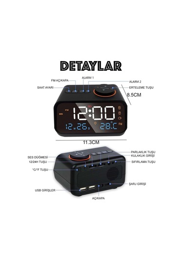 Plentiful Dekoratif Led Dijital Saat Fm Radyo 2 Alarm Sıcaklık Ve Nem Göstergeli Şarjlı Pilli Saat Siyah