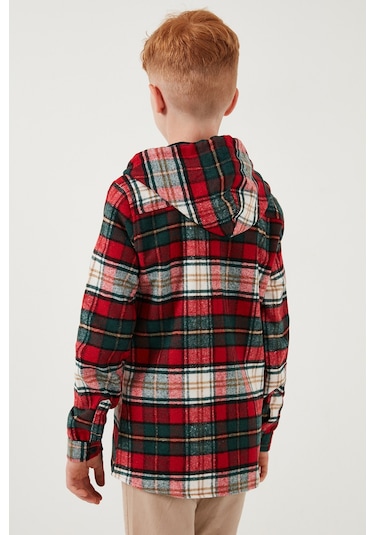 Lela Ekoseli Kapüşonlu Cepli Kışlık Oduncu Erkek Çocuk Gömlek Cf24W81779 Kırmızı-Yeşil