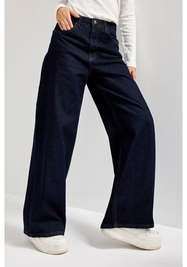 Itsbasic Kadın İndigo Renk 7w5-50 Palazzo Baggy Fit %100 Koton İç Boy 83cm Denim Jean