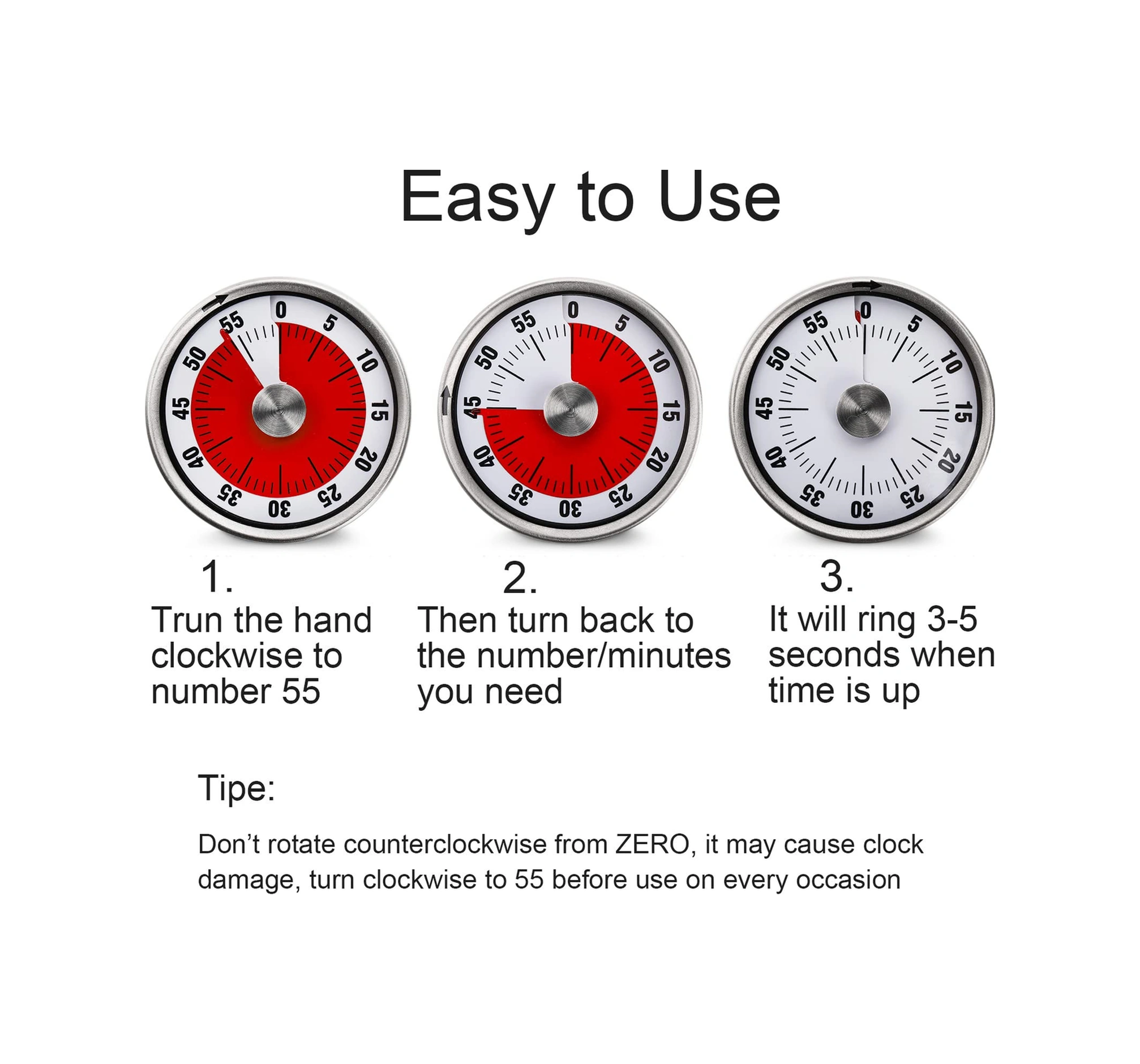 Dofolink Stainless Steel Mekanik Zamanlayıcı - 60 Dakika Geri Sayım, Magnetli Tabanlı, 70db Alarm - Mutfak, Sınıf Ve Ofis Kullanıma Uygun Beyaz Gösterge Paneli & Kırmızı Taban Siyah