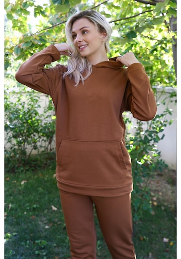 Akbeniz Kadın Pamuk Kapşonlu Cepli 3 İplik Kahve Eşofman Takım 9037-kahve Kahve