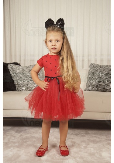 Puantiyeli Kız Çocuk Kısa Kollu Doğum Günü Ve Özel Günler İçin Tüllü Elbise Kısakol-kırmızı Kırmızı