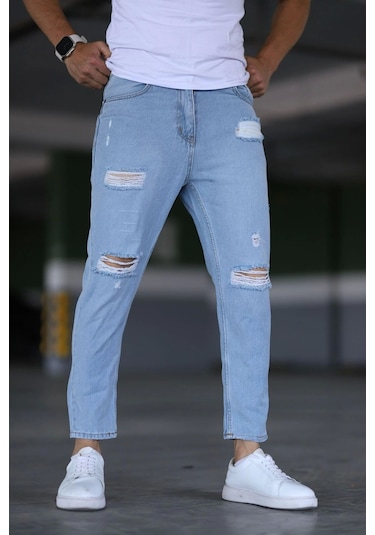Erkek Boyfiend Yırtıklı Buz Mavi Kot Pantolon Buz Mavi