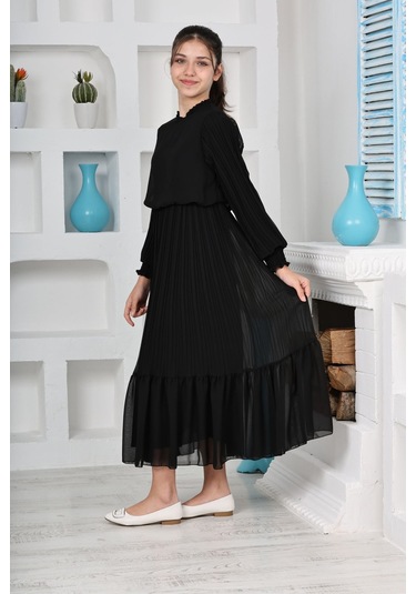 Kız Çocuk Uzun Boydan Pliseli Pamuklu Şifon Uzun Elbise Siyah