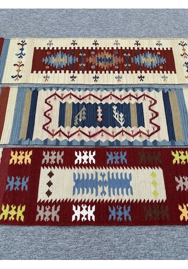 El Dokuma Dekoratif Kilim Seti 3 Adet Renkli %100 Yün Kilim