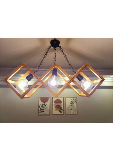 Doğal Eskitme 3'lü Ahşap Kare Çerçeveli Avize Siyah Zincir Askı