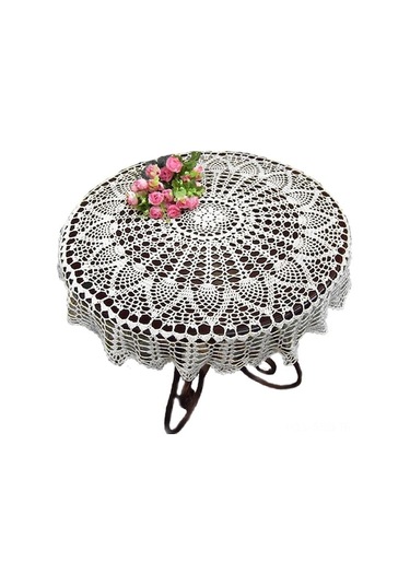 Ulzyvf El İşi Pamuklu Dantel Masa Örtüsü - 65-70 Cm Yuvarlak Ayçiçeği Desenli Beyaz Beyaz