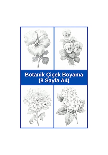 Botanik Çiçek Boyama Sayfaları 4, 8 Adet A4 Boyut .