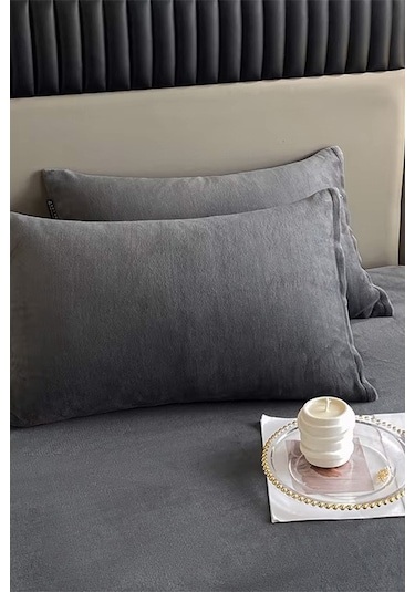 Kadife Kumaş Fitted Lastikli Çarşaf Takımı 160x200+30 Cm Antrasit
