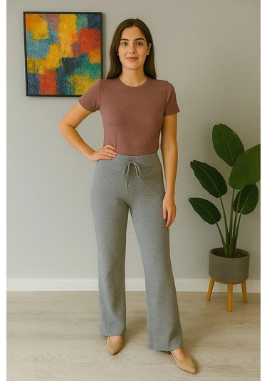Kadın Yüksek Bel Triko Pantolon Gri