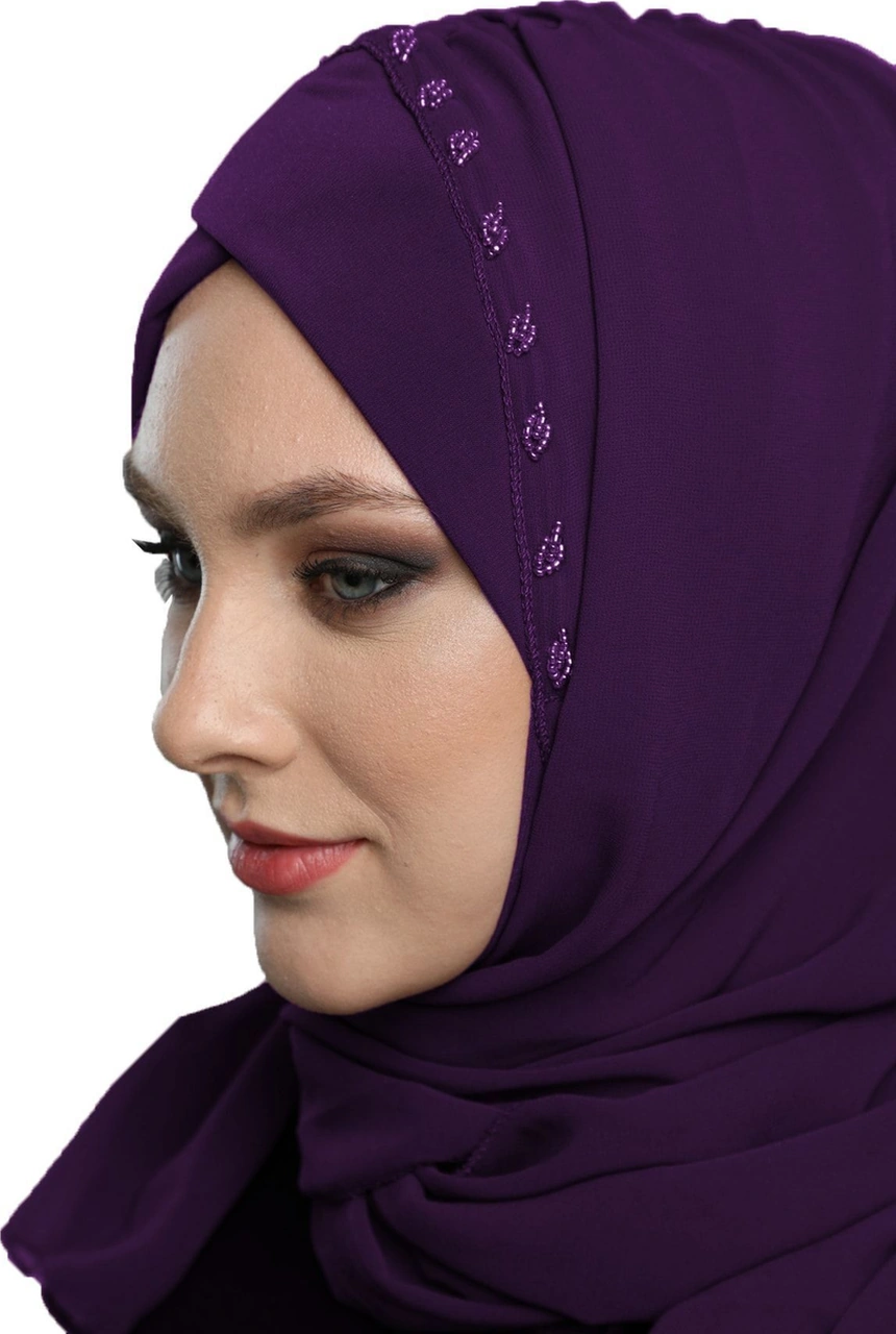 Şallı Takmatik Taşlı Mor Renk Hazır Türban Tesettür Bone Namaz Örtüsü Mor