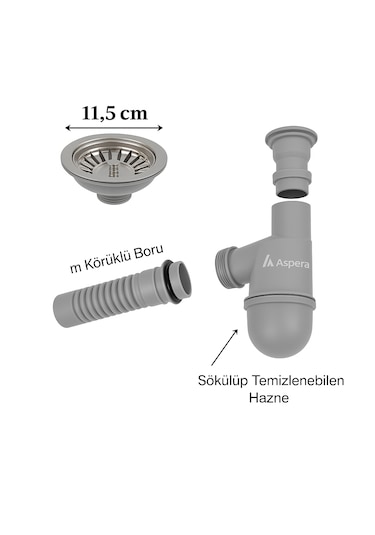Taslı Çöpmak Evye Sifonu Gri Renk, Koku Önleyici, Temizlenebili