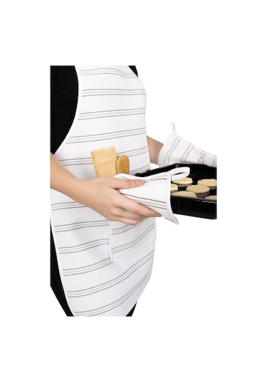 Morlay  İnce Çizgili ﻿﻿Mutfak Önlüğü Fırın Eldiveni ve Tutacak Takımı Mutfak Çeyiz Seti 4'lü Beyaz - Gri