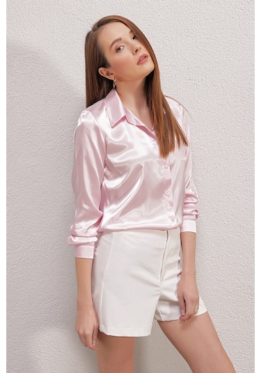 Bigdart 3964 Hafif Dökümlü Saten Gömlek - Pembe 001