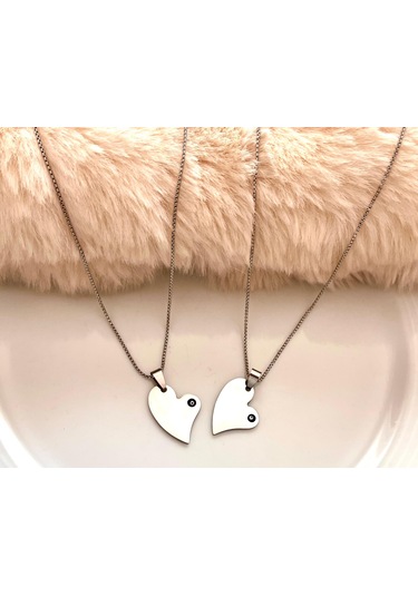 Gns Aksesuar Aşk Temalı Kalp Ve Nazarlık Detaylı Sevgili Çelik Kolye Seti Gümüş