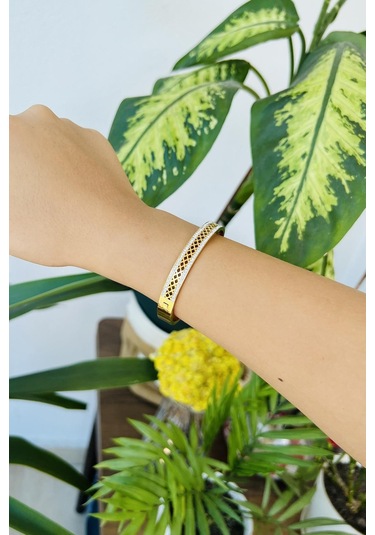 Allmisse Zirkon Taş Detaylı 316l Kalite Altın Kaplama Kararmaz Çelik Kelepçe Bileklik - Altın