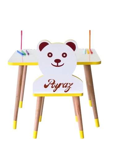 Çocuk Ders Çalışma Masa Sandalye Takımı 2-6 Yaş Sarı Ayıcıklı