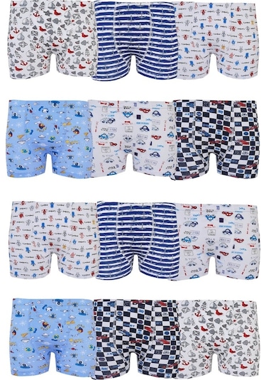 Tutku 12Li Erkek Çocuk Renkli Boxer Desenli Baskılı Pamuklu Rahat