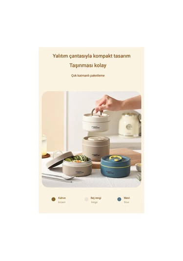 Padalink 304 Paslanmaz Çelik Isı Saklama Yemek Kutusu, Damlacık Önleyici, Ergonomik Kollü, 3'lü Set 2x440ml + 1x600ml + Isı Yalıtkan Çanta - Okul, Ofis, Dışarıda Kullanıma Ideal Bej