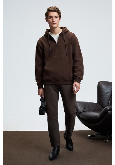 JUSTUS Erkek Kapüşonlu Kanguru Cepli Fermuar Yakalı Kahverengi Sweatshirt