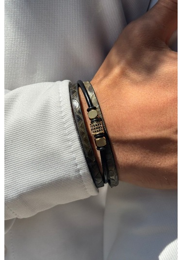 Taşlı Yılan Derisi Desenli El İşçiliği İle Üretilmiş Hakiki Deri Erkek Bileklik Siyah - Altın