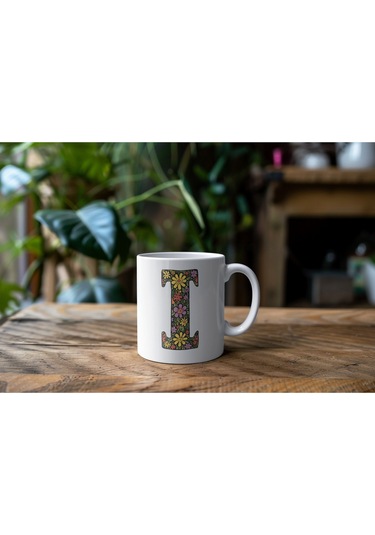 I Baş Harf Çiçek Desenleri İle Natural Tarz Kupa Bardak - Kişiye Özel Çiçekli Kahve Çay Bardak - Beyaz