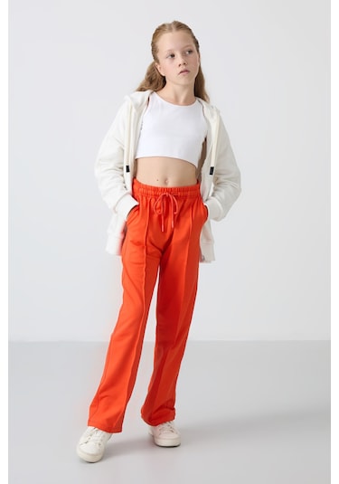 Tommy Life Portakal Cepli Ön Dikiş Detaylı Geniş Paça Kız Çocuk Eşofman Altı -75144 Turuncu